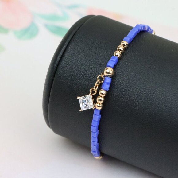 Elegant Rose Gold Bracelet with Blue Beads and Sparkling Charm, XPBL0634 - Picture 7 of 12